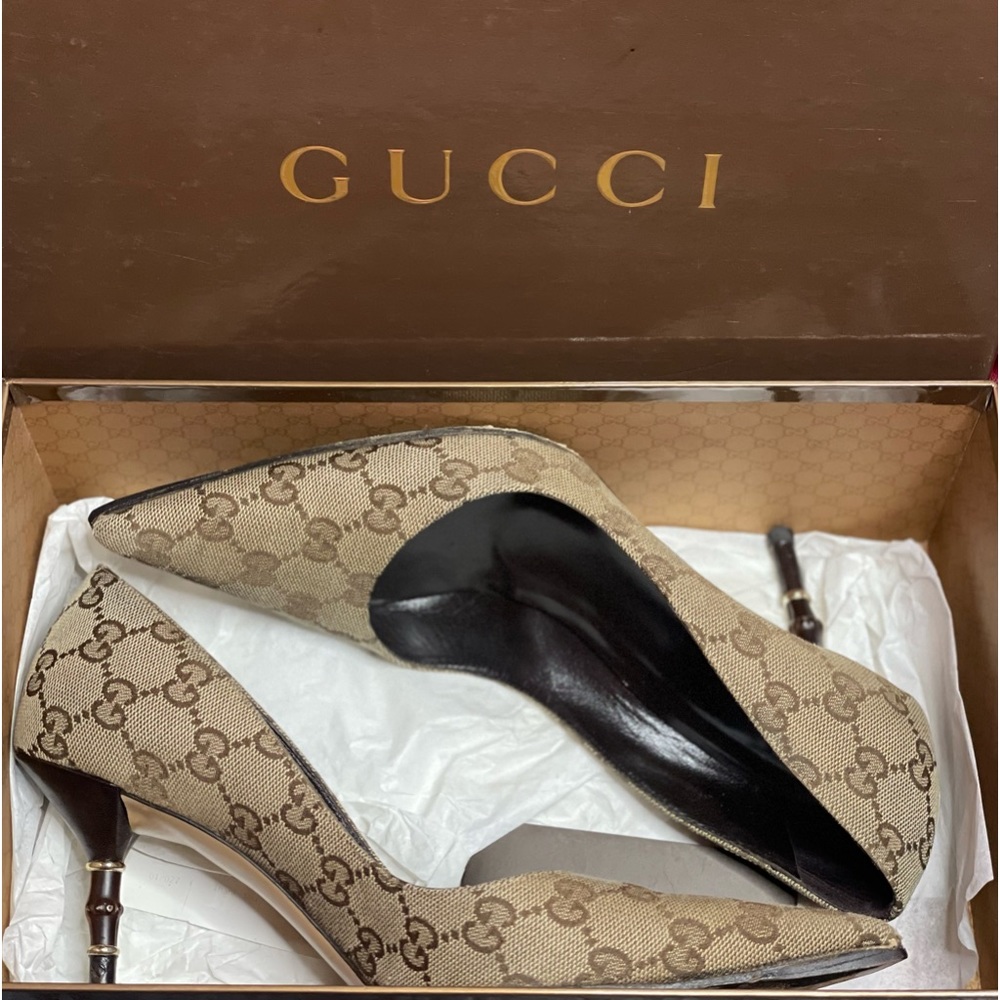 Gucci Guccissima Canvas Bamboo Heel Pumps, Size 8